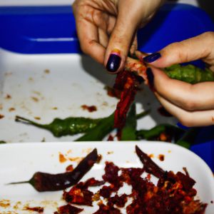 Person cooking with chili peppers