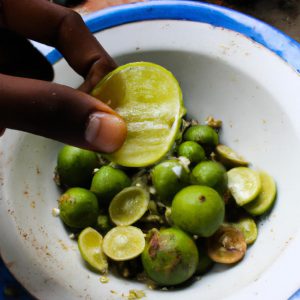 Person squeezing lime into dish
